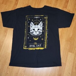 Be Human[e]"The Evil Cat’ Tarot Card, Black and Gold T-Shirt. Large.